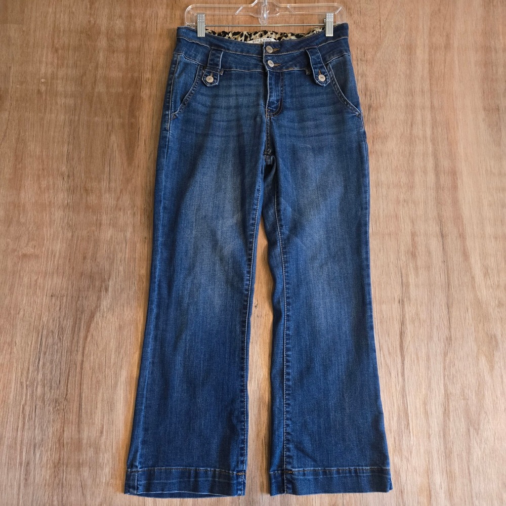 Petite Wide Leg Flare Jeans 10P Blue High Rise Sailor Button 70s Y2K 9th & Main